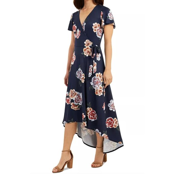 Navy Blue Floral Print Ultra-Soft Knit Side-Tie Hi-Low Dress Size 3X 22 24 Plus - Picture 2 of 9